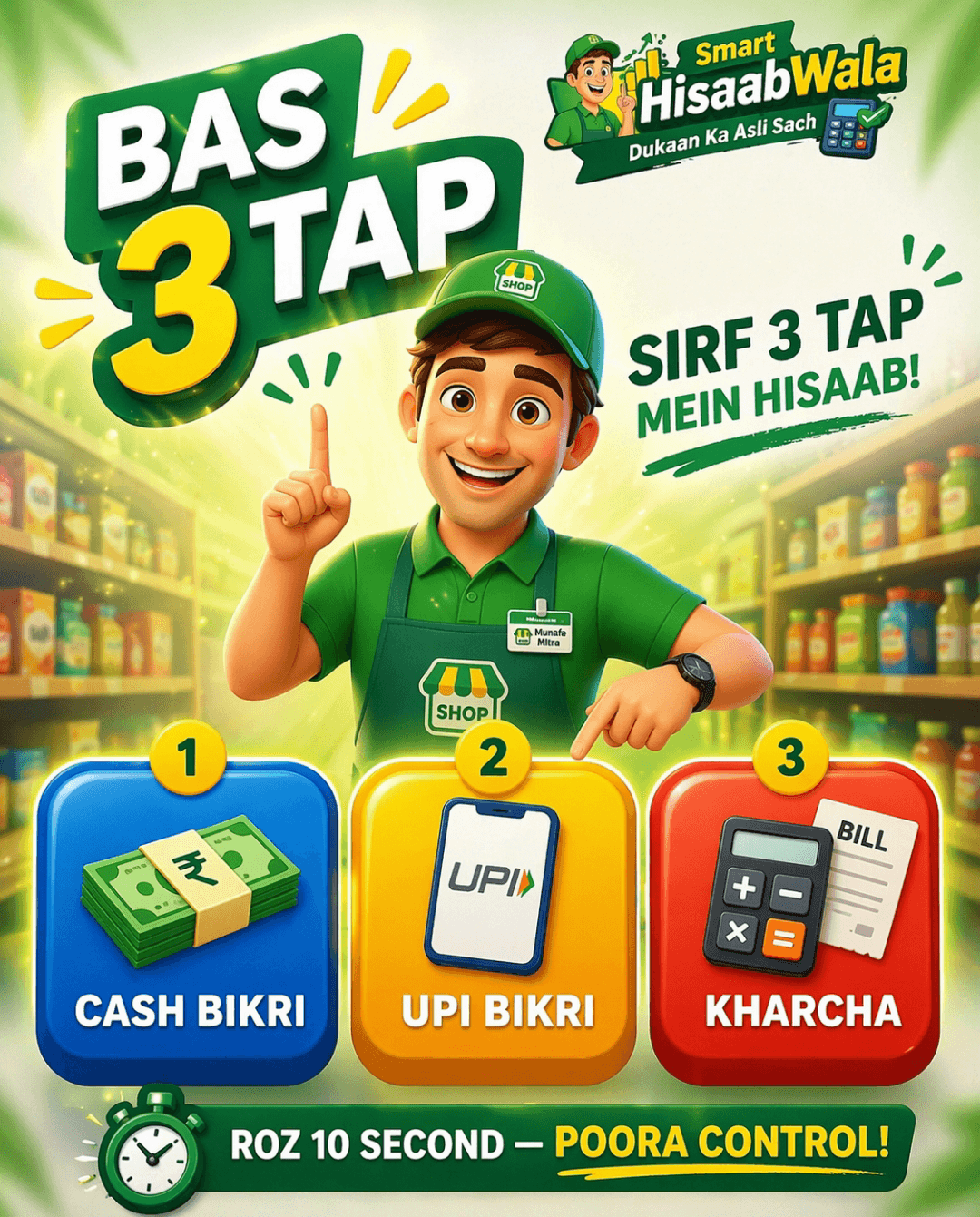 Bas 3 tap poster with cash UPI and kharcha buttons