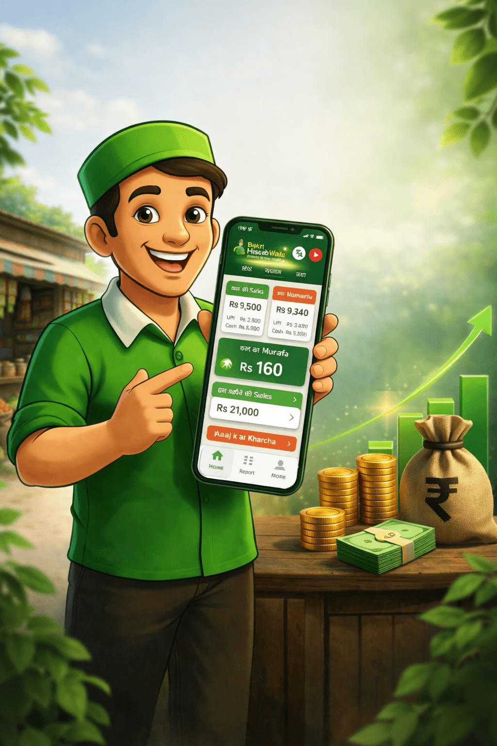 Character holding phone with money and shop background